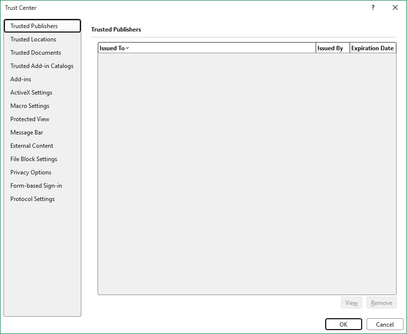 Excel's Trust Center on the Trusted Publishers page, with an empty list